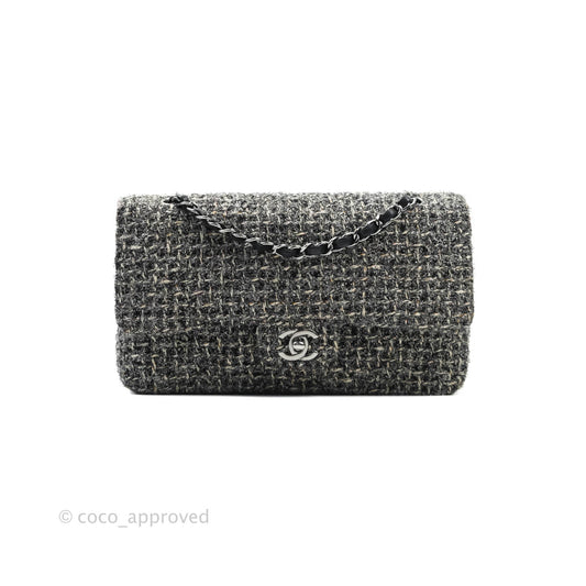 Chanel Classic M/L Medium Double Flap Black Tweed Gun Metal