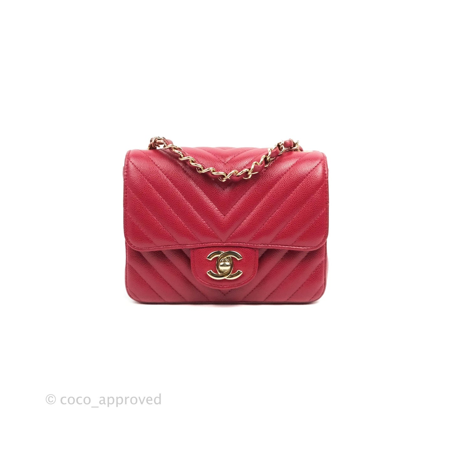 Chanel Mini Square Chevron Rosy Red Caviar Gold Hardware 18B