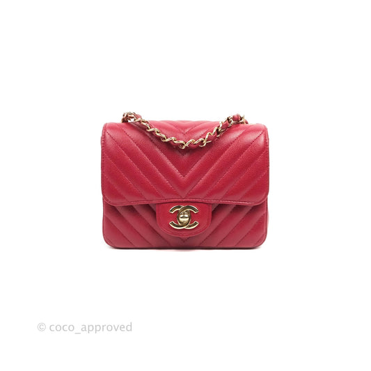 Chanel Mini Square Chevron Rosy Red Caviar Gold Hardware 18B