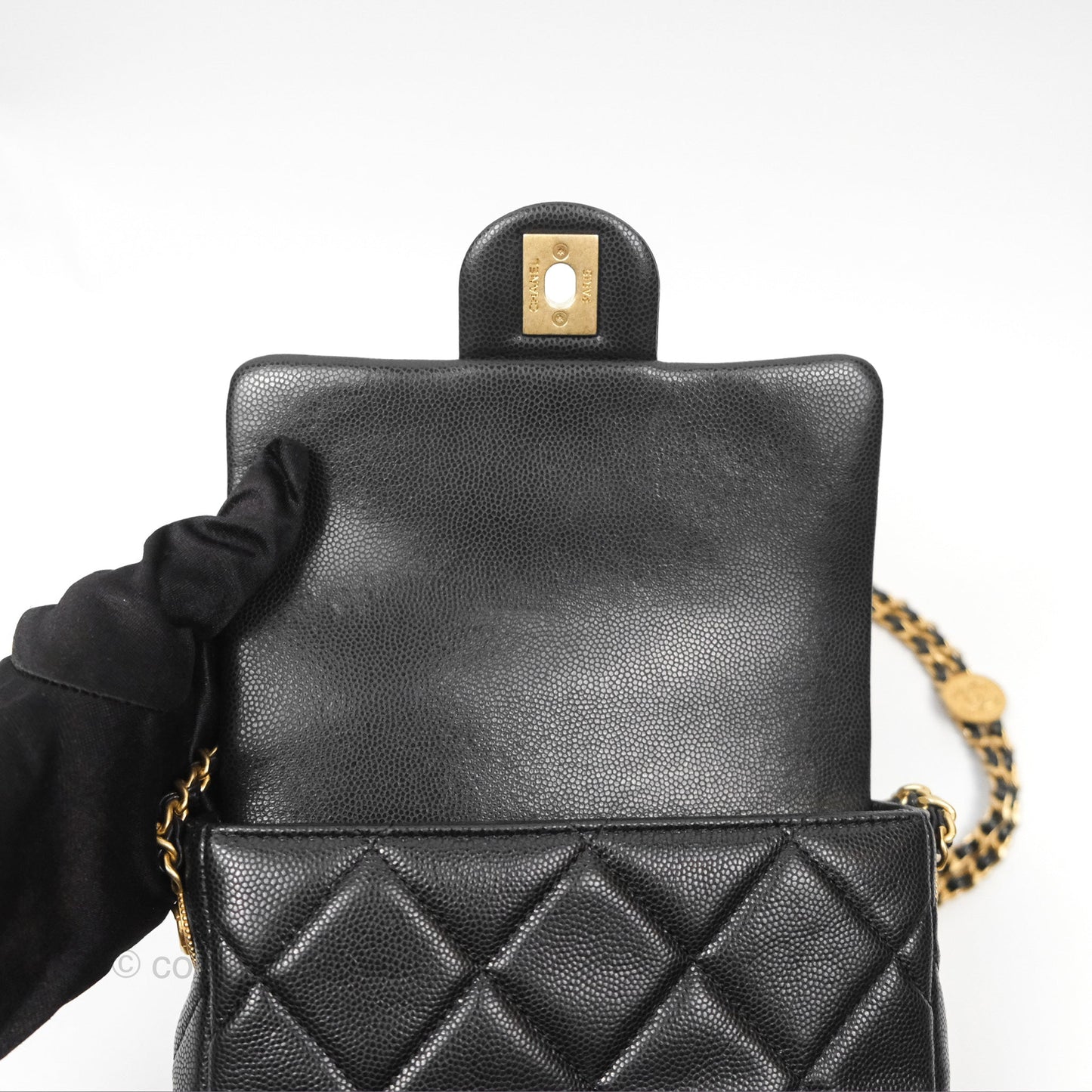 Chanel Mini Flap with Coin Charm Black Caviar Aged Gold Hardware 22A