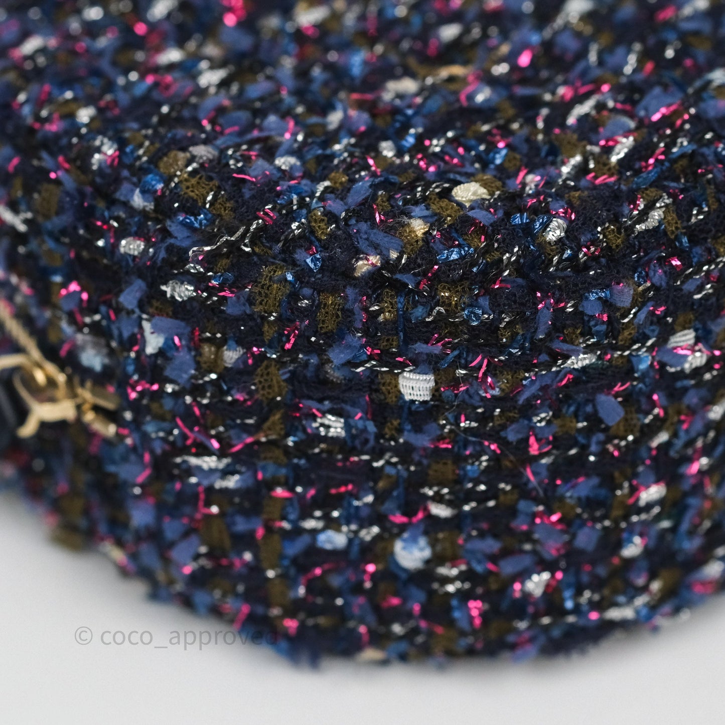 Chanel Charms Round Clutch With Chain Navy Purple Tweed Aged Gold Hardware