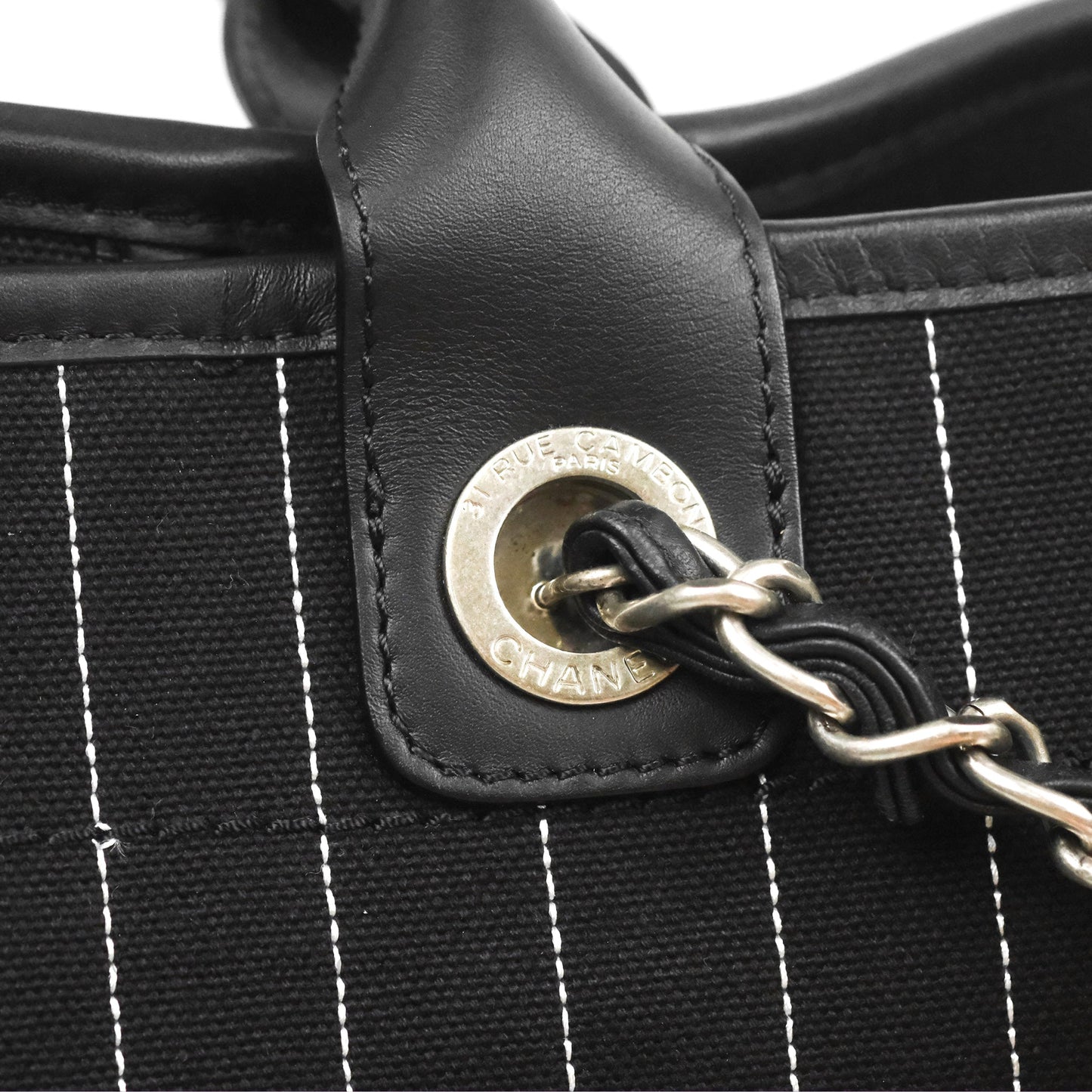 Chanel Large Deauville Black White Striped Canvas Aged Silver Hardware 23S