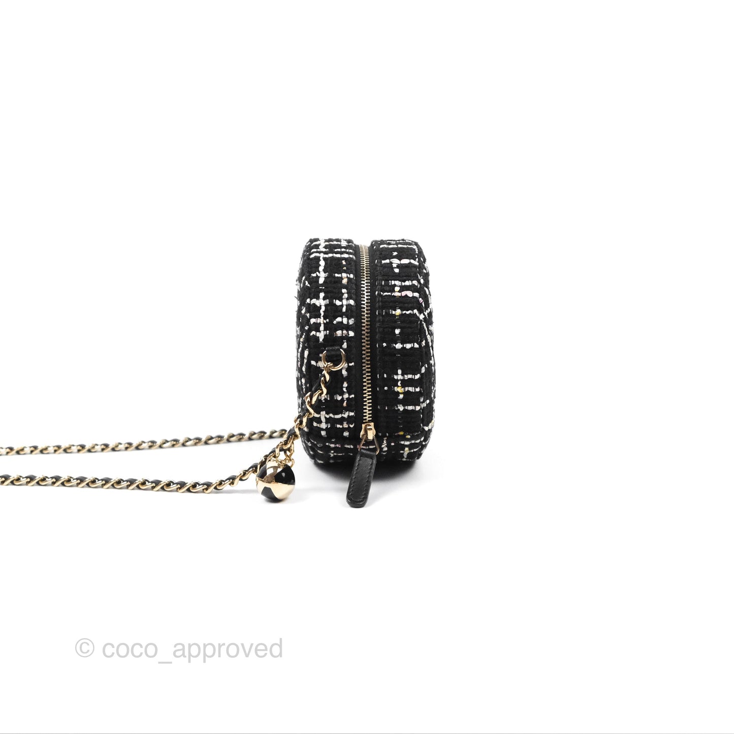 Chanel Classic Quilted Round Clutch With Chain Black Tweed Gold Hardware