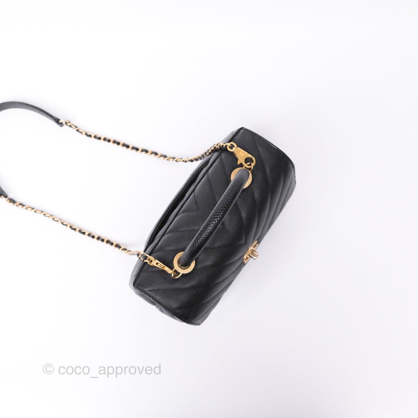 Chanel Small Coco Handle Chevron Black Caviar Aged Gold Hardware Lizard Handle