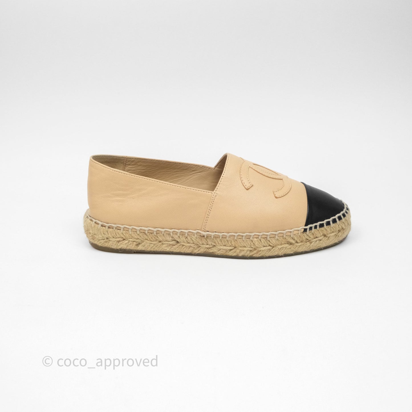 Chanel CC Espadrilles Beige Black Lambskin Size 36