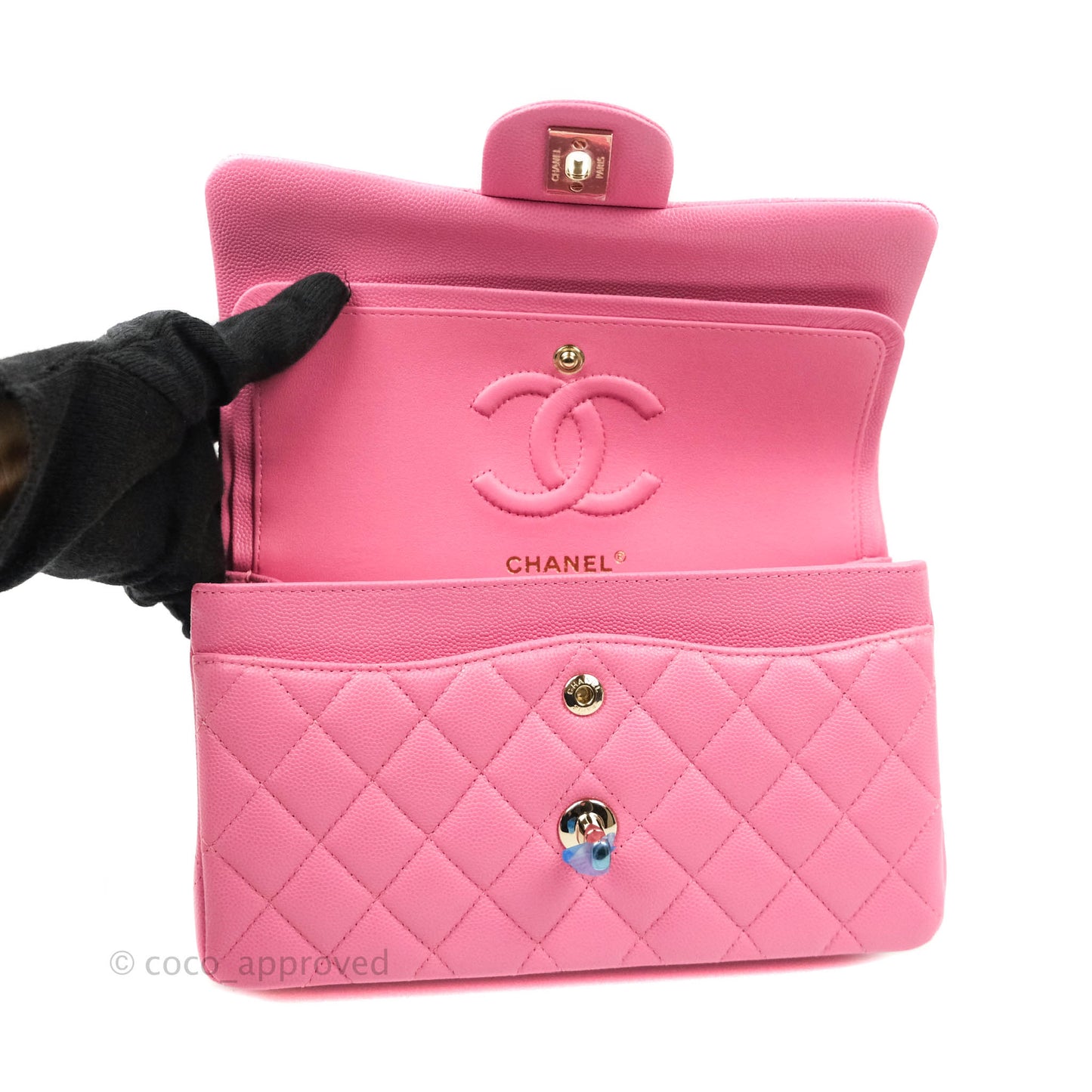 Chanel Classic Quilted S/M Small Double Flap Pink Caviar Gold Hardware 21P