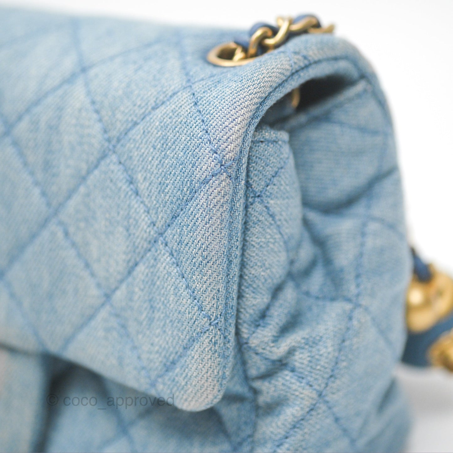 Chanel Mini Square Pearl Crush Quilted Denim Aged Gold Hardware