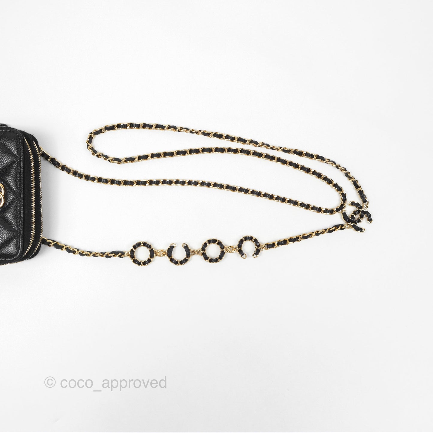 Chanel Miss Coco Quilted Zip Card Holder on Chain Black Caviar Gold Hardware