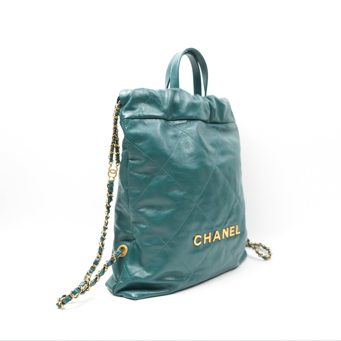 Chanel 22 Small Quilted Backpack Green Shiny Calfskin