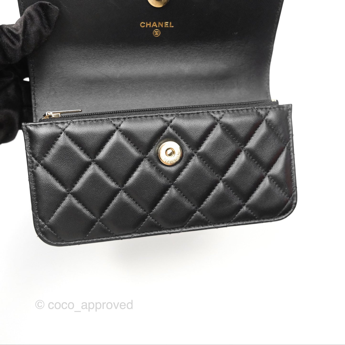 Chanel Camellia Handle Mini WOC Phone Holder with Chain Black Lambskin 23K