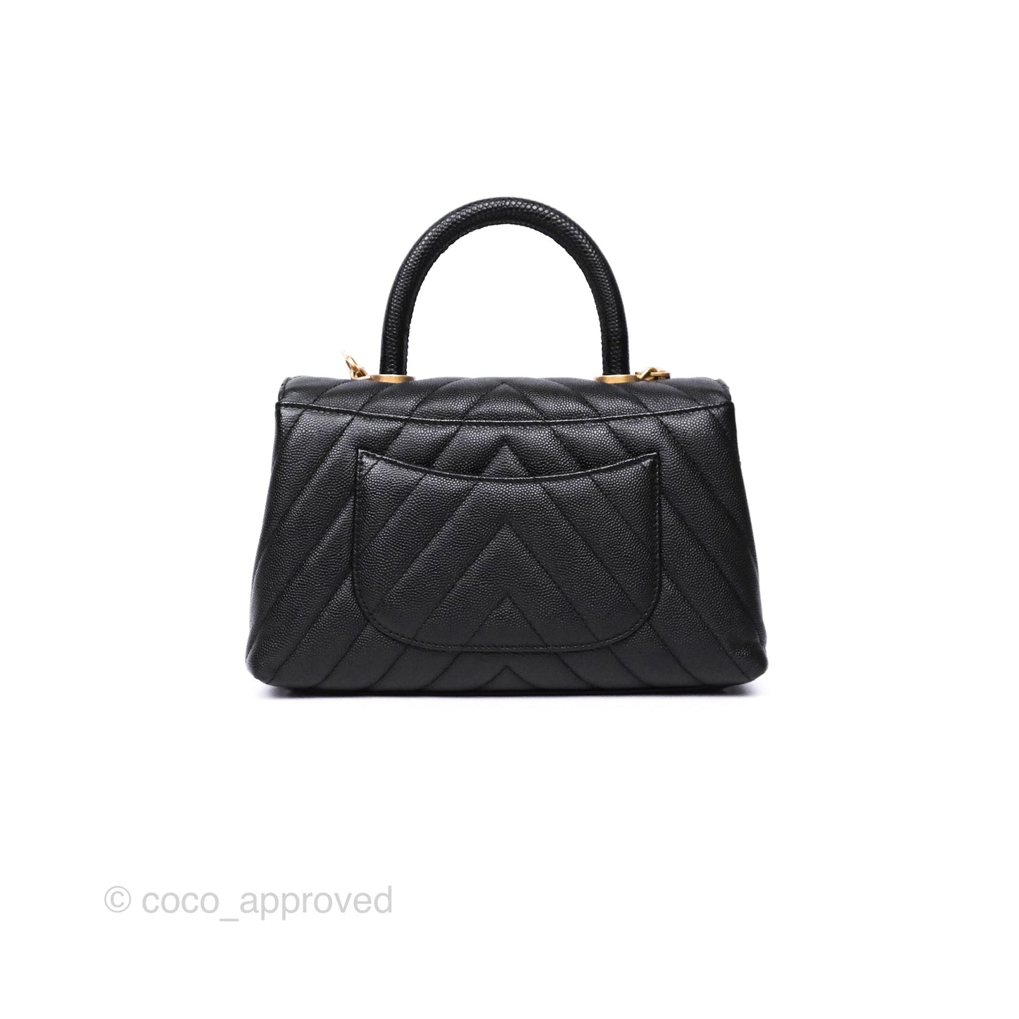 Chanel Small Coco Handle Chevron Black Caviar Aged Gold Hardware Lizard Handle