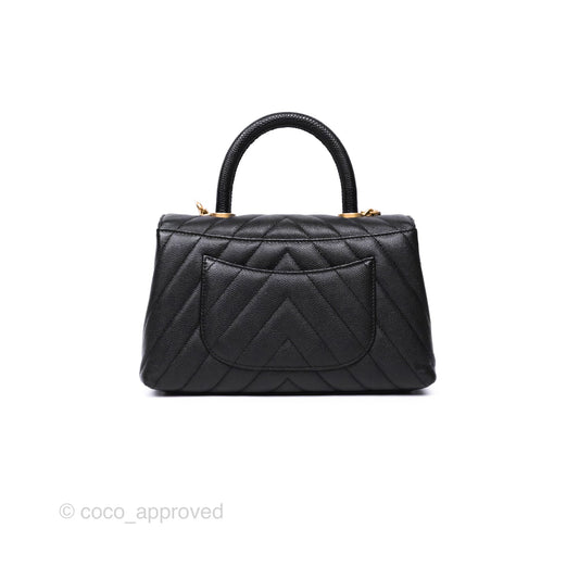 Chanel Small Coco Handle Chevron Black Caviar Aged Gold Hardware Lizard Handle