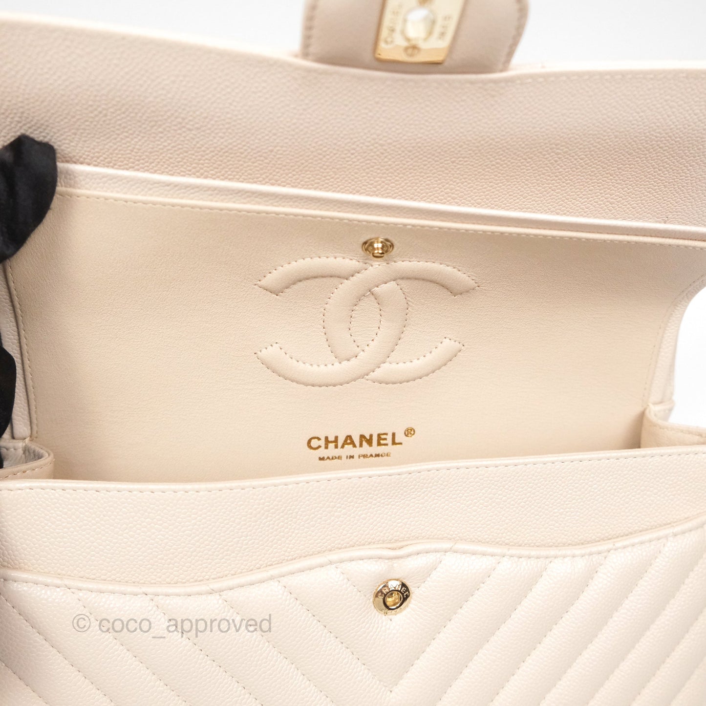 Chanel Classic M/L Medium Double Flap Chevron Light Beige Caviar Gold Hardware 20B