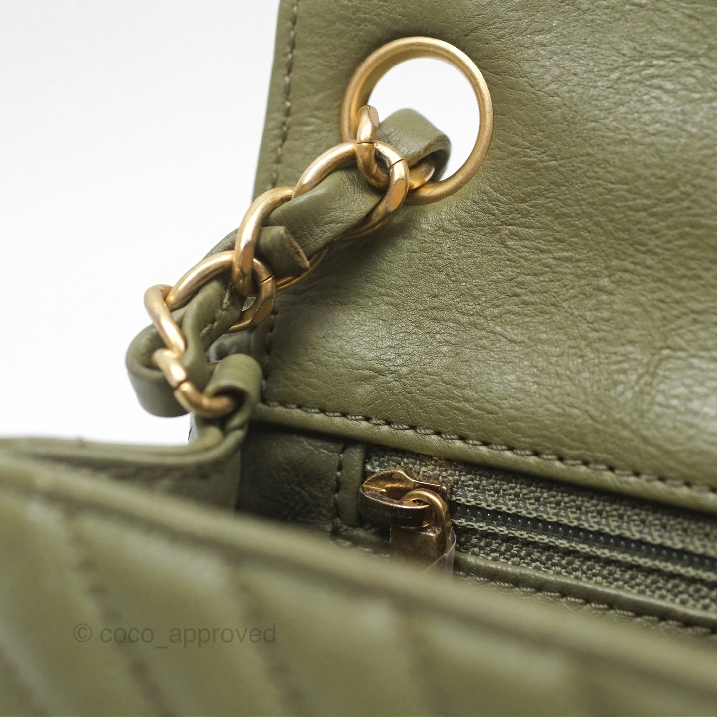 Chanel Mini Square Flap Chevron Olive Green Calfskin Gold Hardware