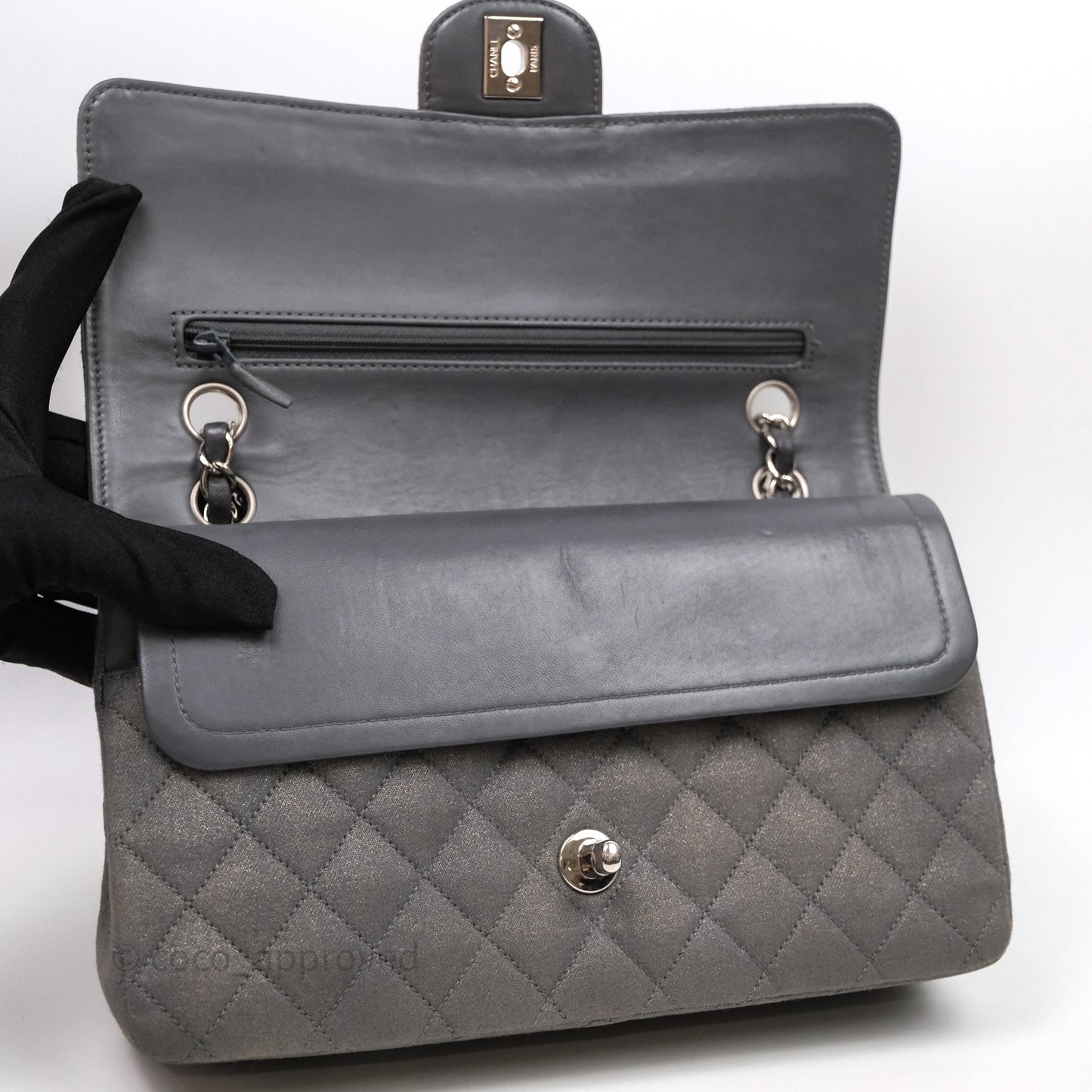 Chanel Classic M/L Medium Flap Quilted Iridescent Metallic Grey Canvas Silver Hardware