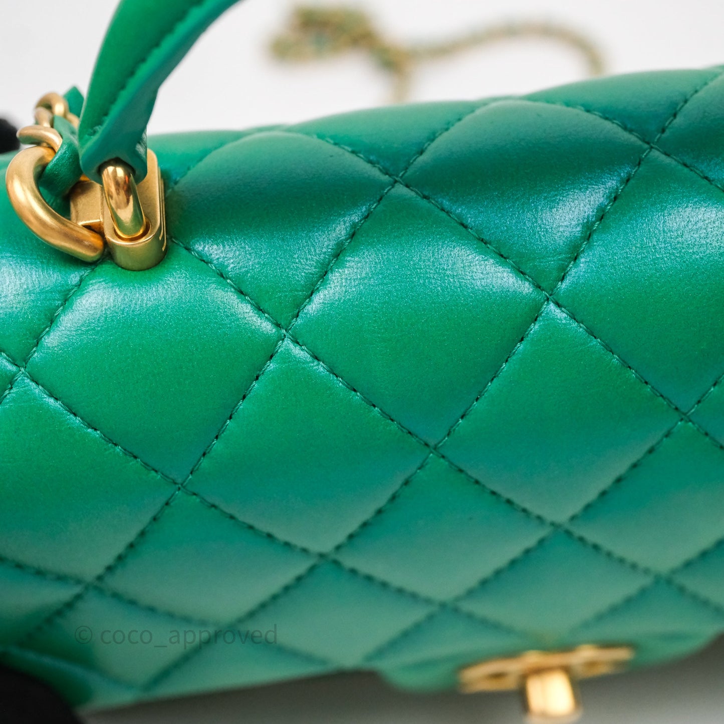 Chanel Top Handle Mini Rectangular Flap Bag Iridescent Green Lambskin Aged Gold Hardware