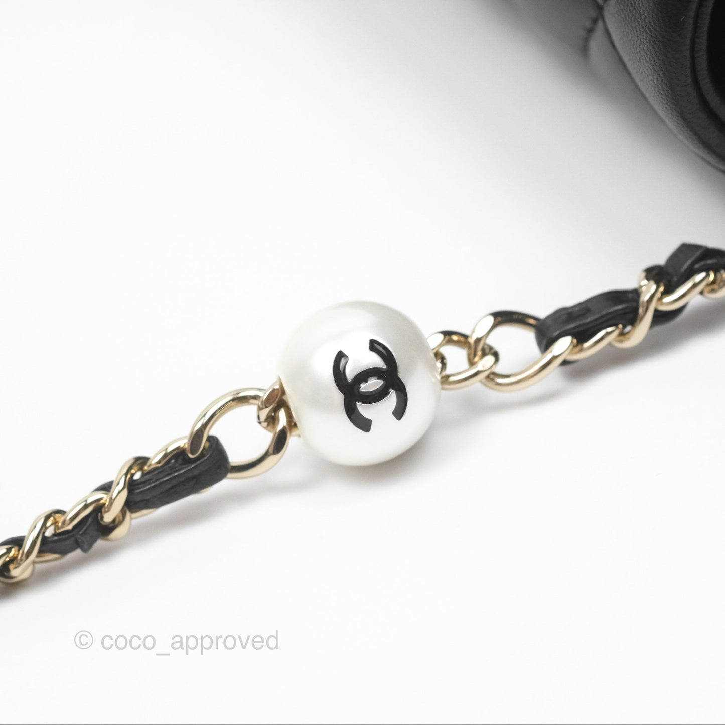 Chanel Logo Pearl Chain Flap Bag Black Lambskin Gold Hardware