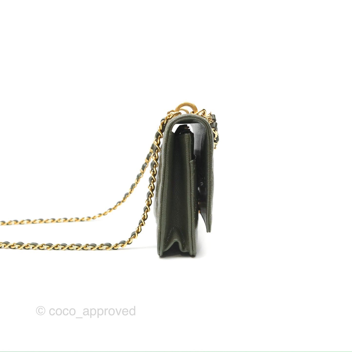 Chanel Coco First Wallet On Chain WOC Dark Olive Green Caviar Gold Hardware 22K