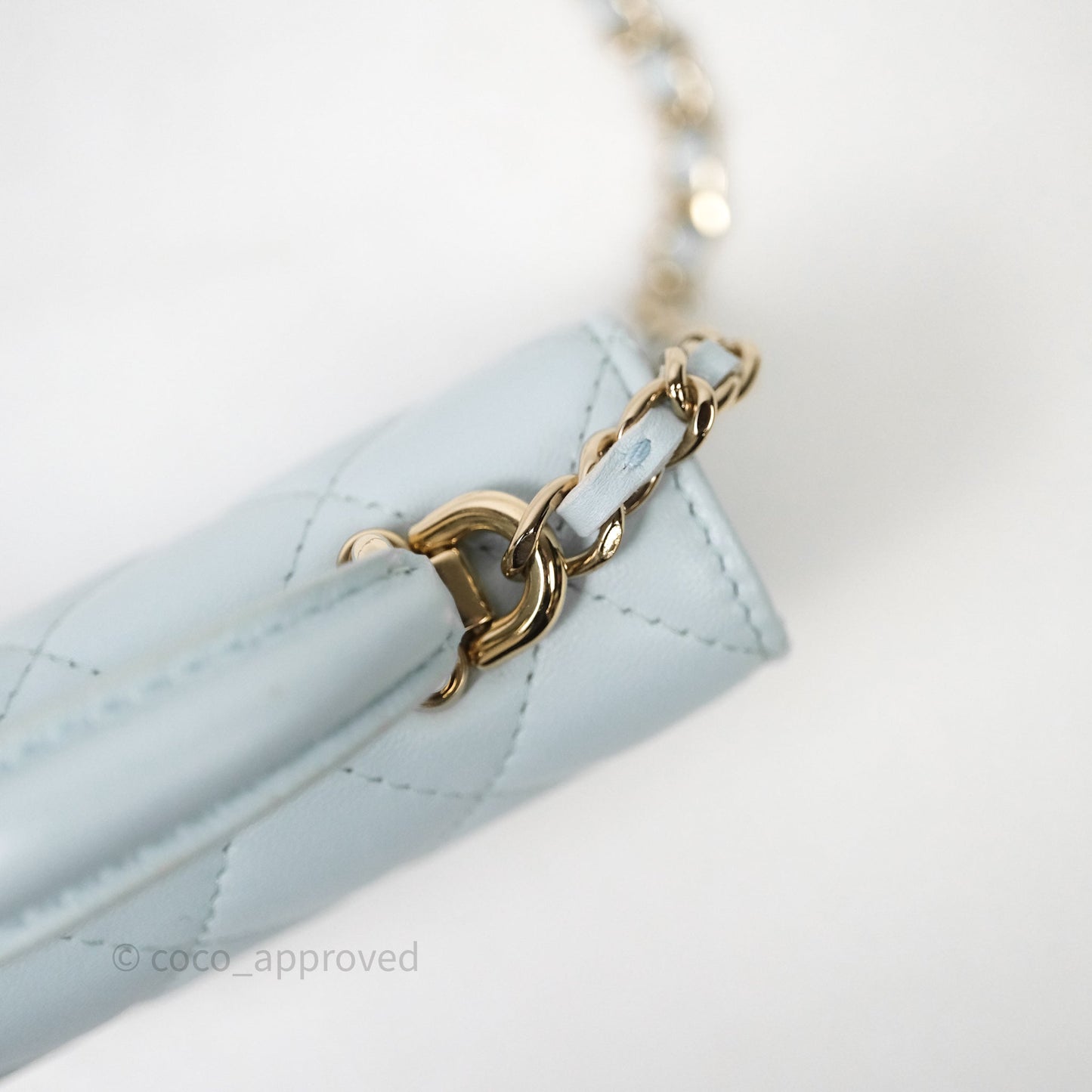 Chanel Mini Handle Flap Coin Purse With Chain Light Blue Lambskin Gold Hardware