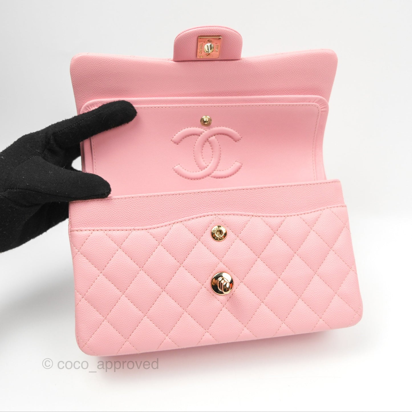 Chanel Small Classic Quilted Flap Sakura Pink Caviar Gold Hardware 22C