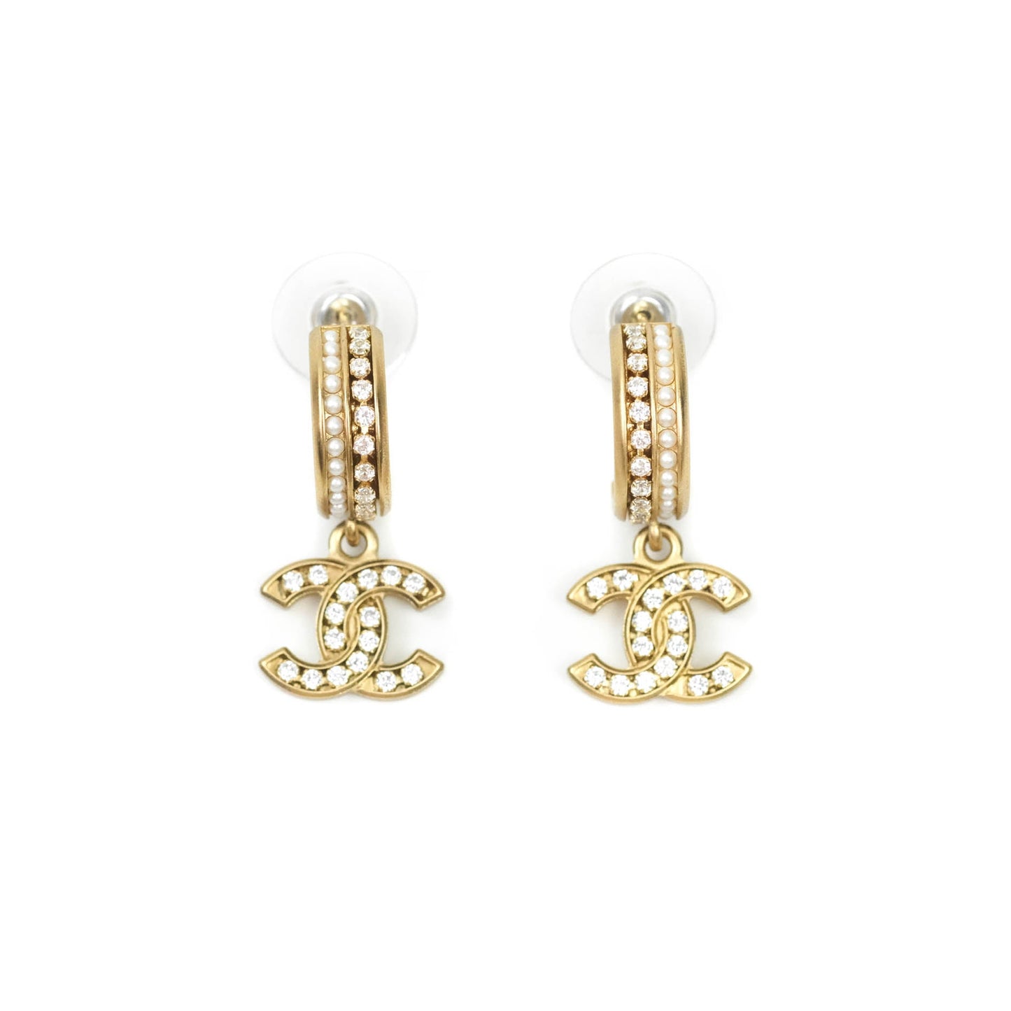 Chanel CC Crystal Pearl Hoop Earrings Gold Tone 21C