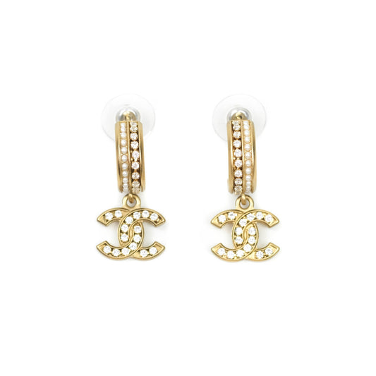 Chanel CC Crystal Pearl Hoop Earrings Gold Tone 21C