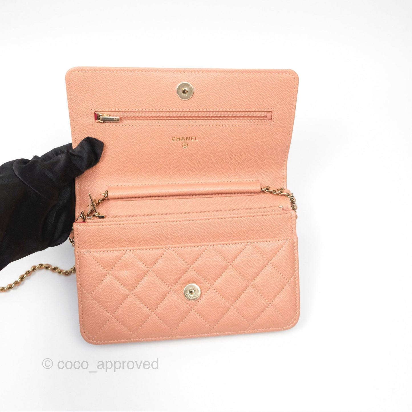Chanel Quilted Wallet On Chain WOC Rosy Beige Caviar Gold Hardware
