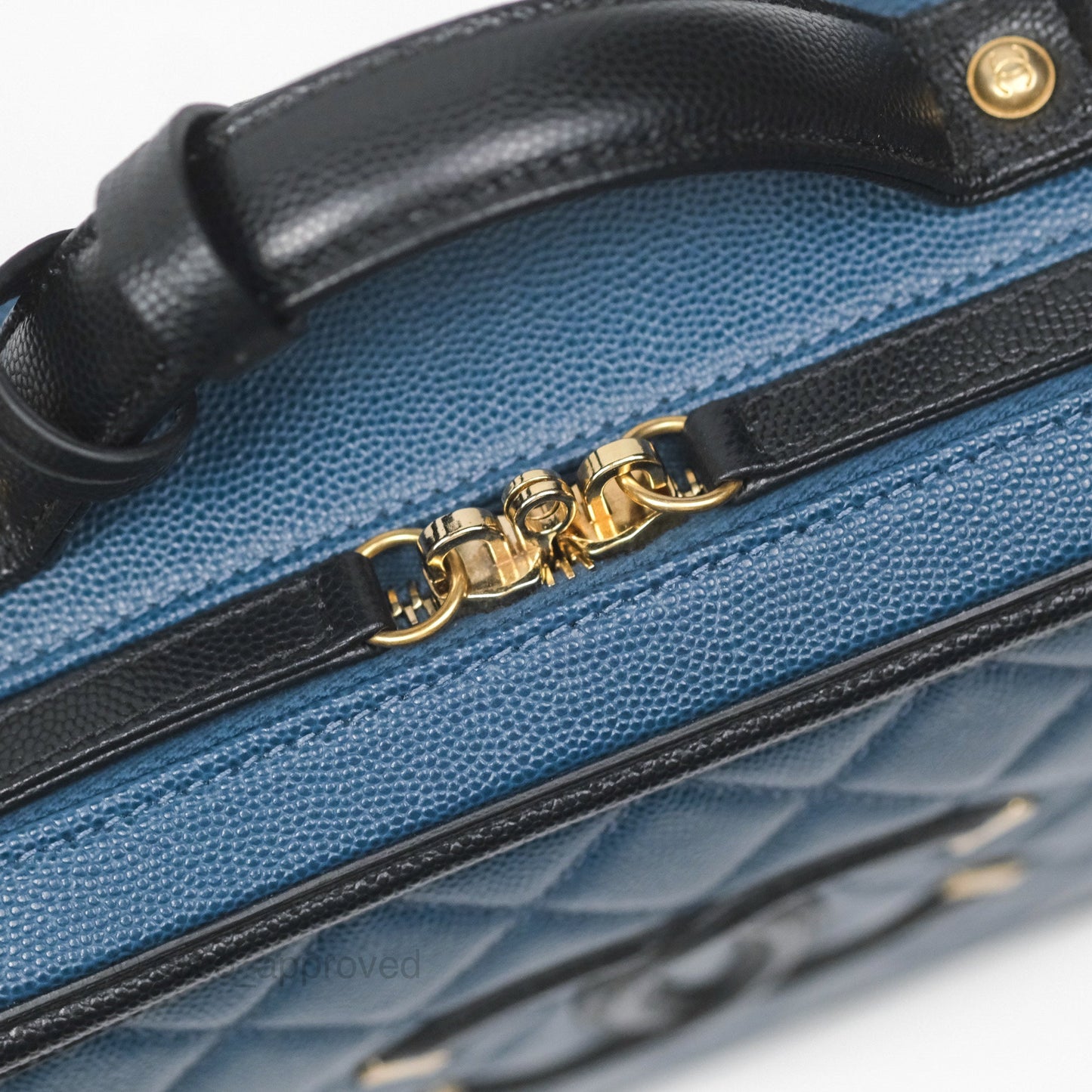 Chanel Quilted Medium CC Filigree Vanity Case Navy Black Caviar Aged Gold Hardware