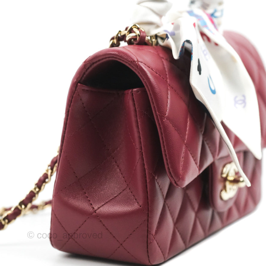 Chanel Top Handle Mini Rectangular Flap Bag Burgundy Lambskin Gold Hardware