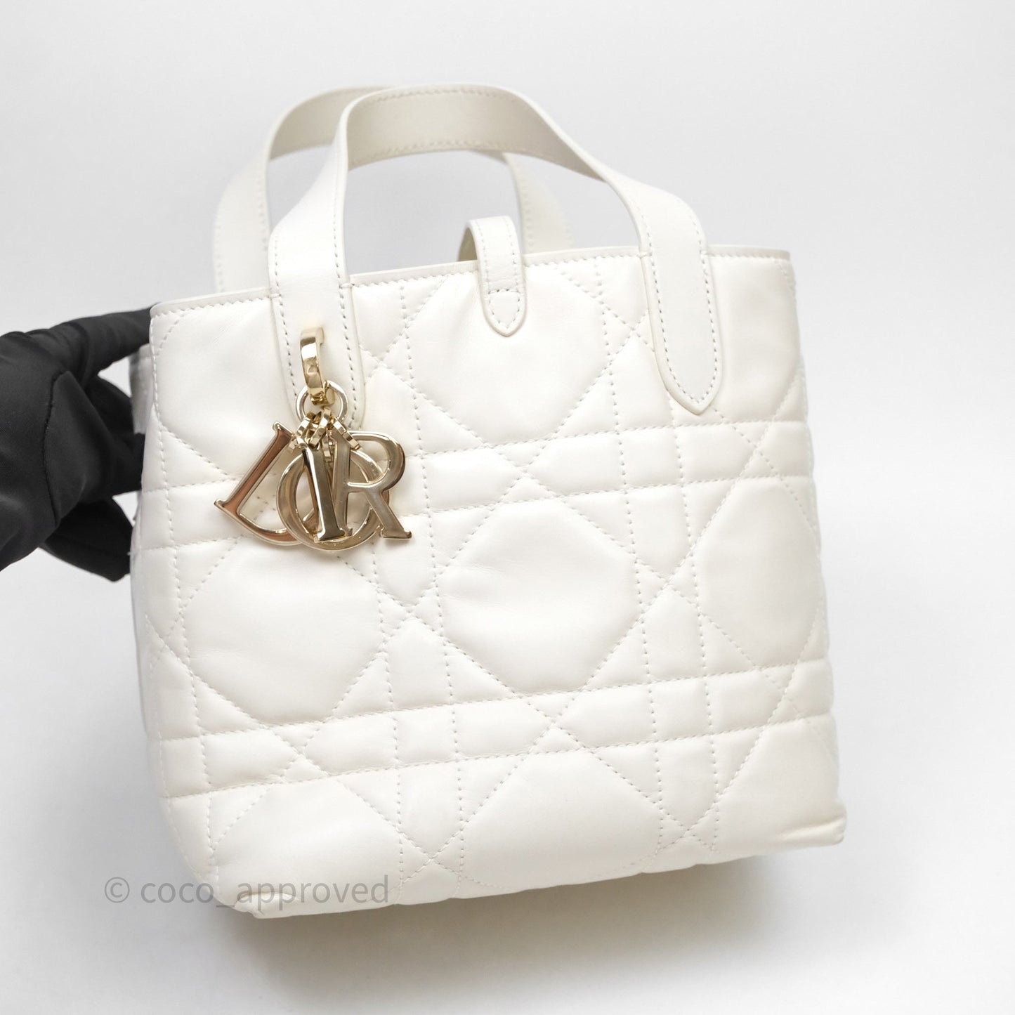 Christian Dior Small Toujours Vertical Tote Bag Latte Macrocannage Calfskin Gold Hardware