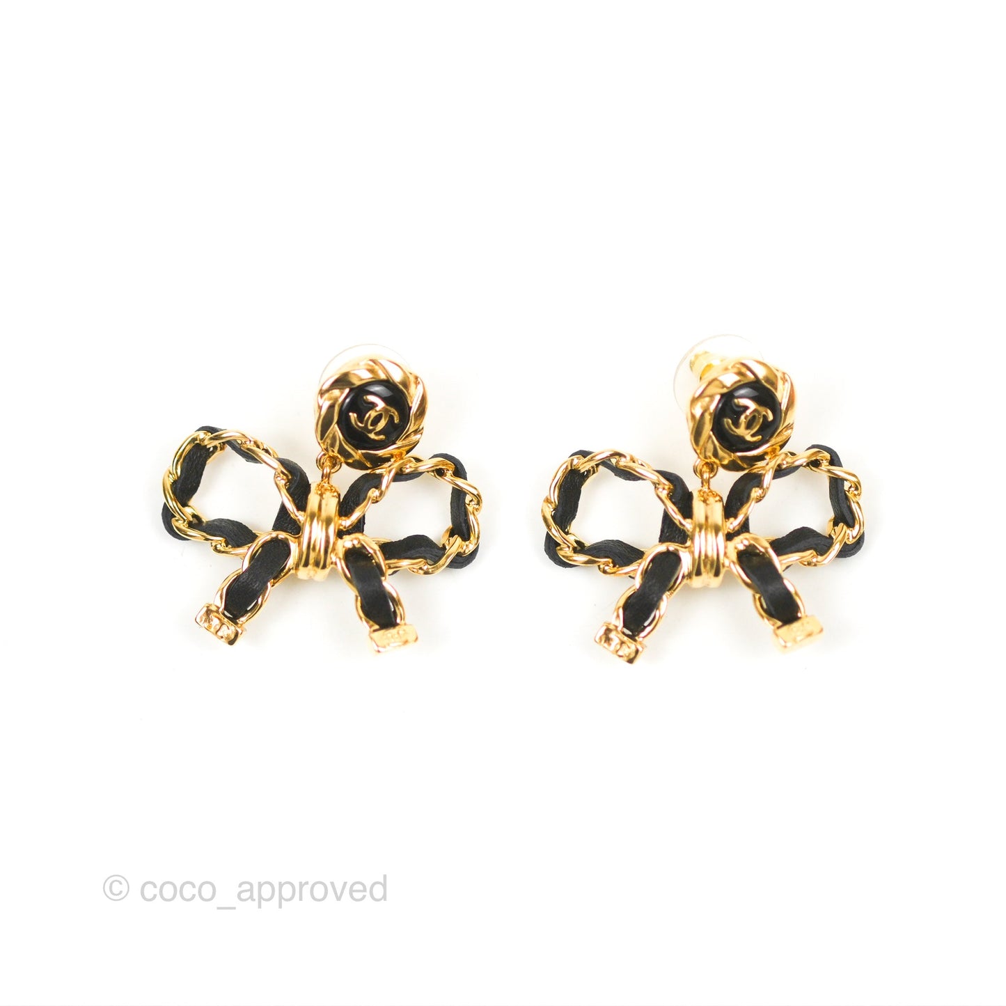 Chanel CC Chain Bow Earrings Black Lambskin Gold Tone 22A