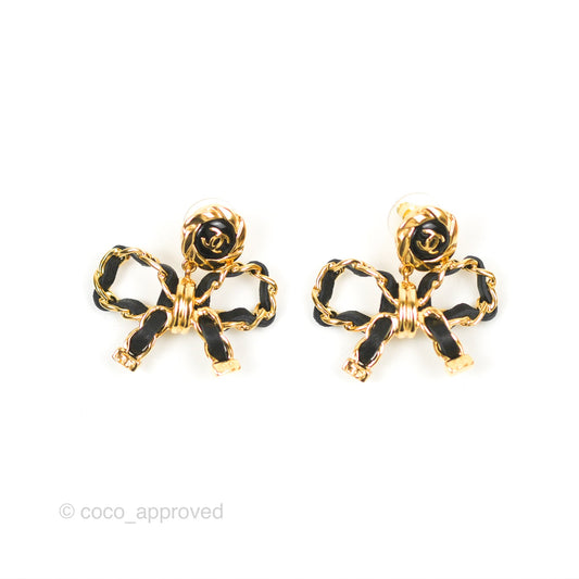 Chanel CC Chain Bow Earrings Black Lambskin Gold Tone 22A