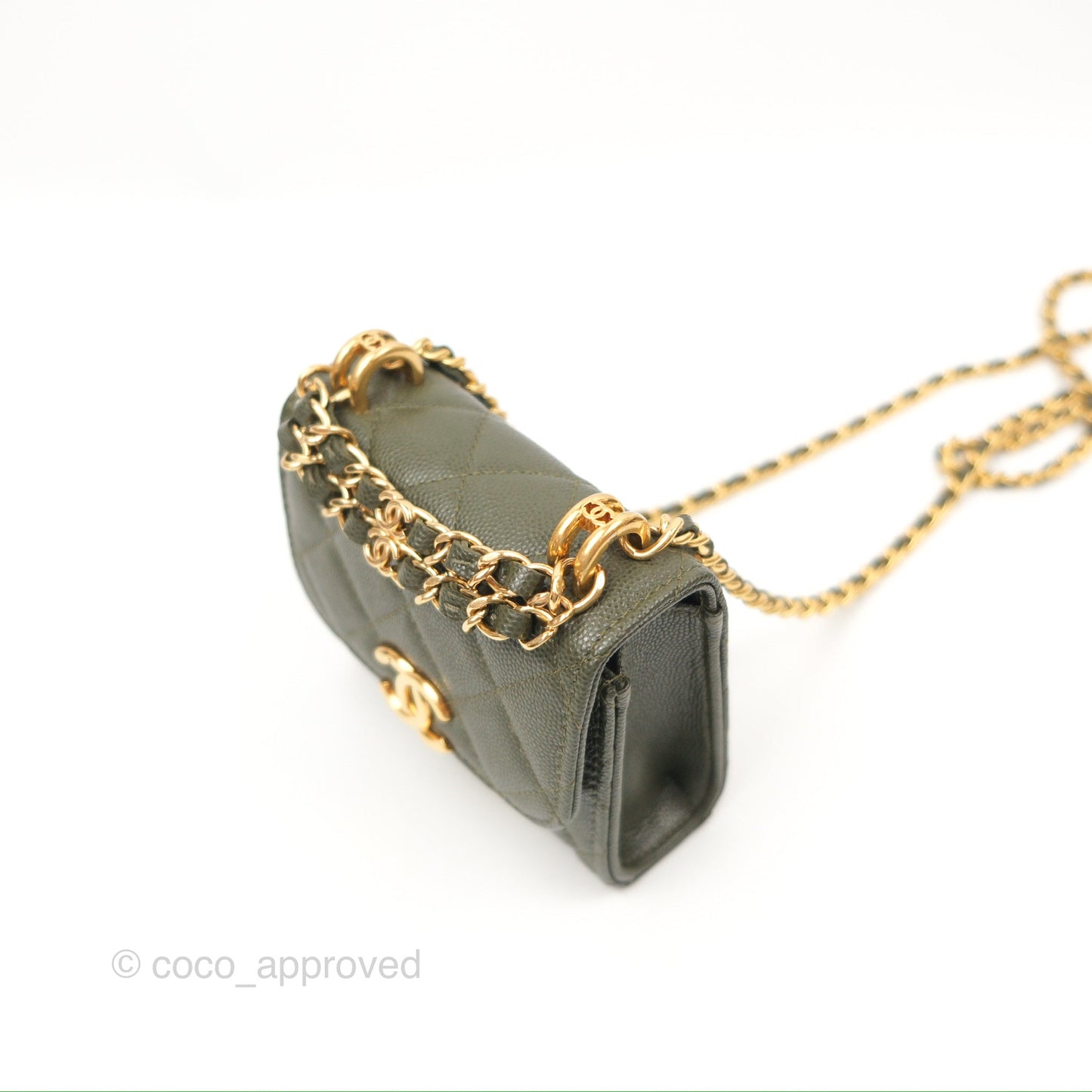 Chanel Coco First Mini Clutch On Chain Dark Olive Green Caviar Gold Hardware 22K