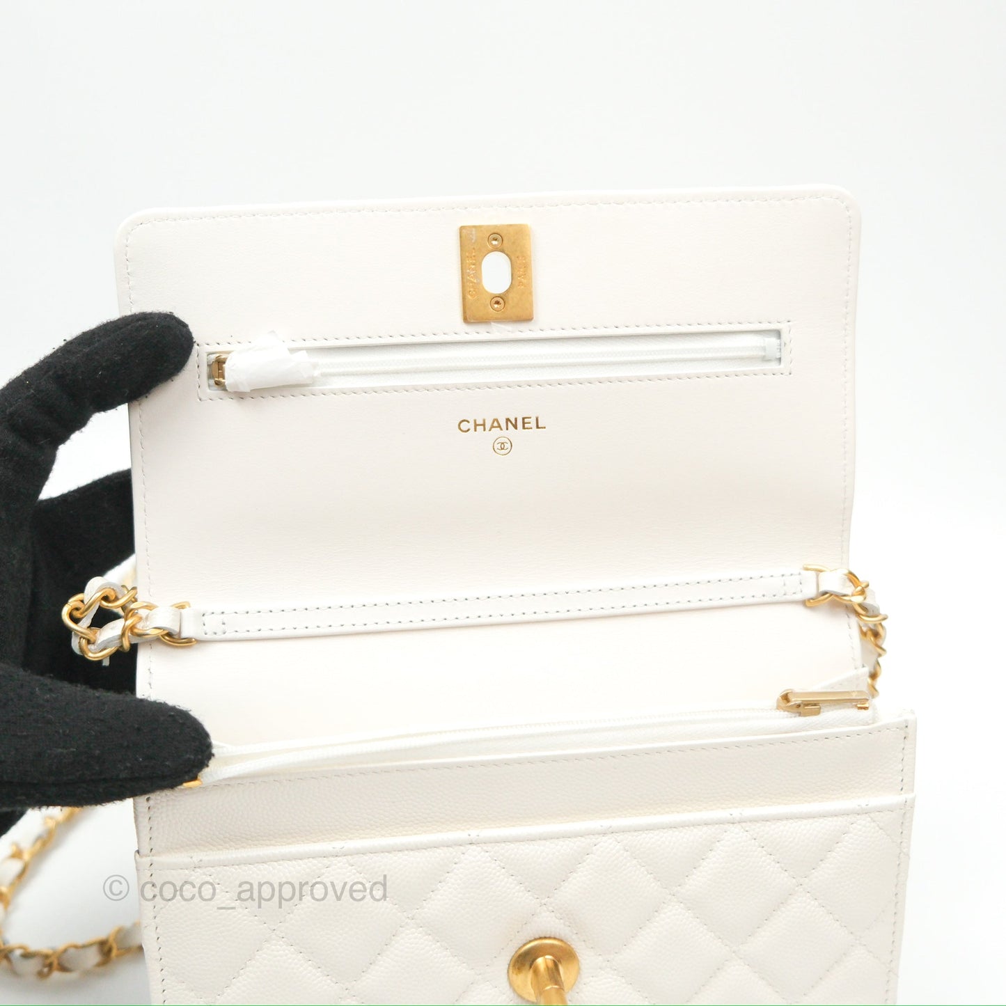 Chanel Wallet On Chain WOC Adjustable CC Chain Iridescent White Caviar Aged Gold Hardware