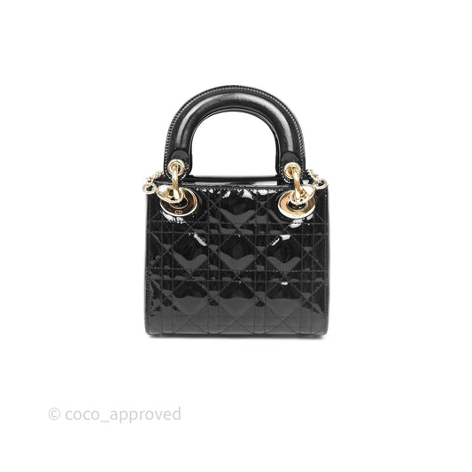 Christian Dior Mini Lady Dior Black Cannage Patent Gold Hardware