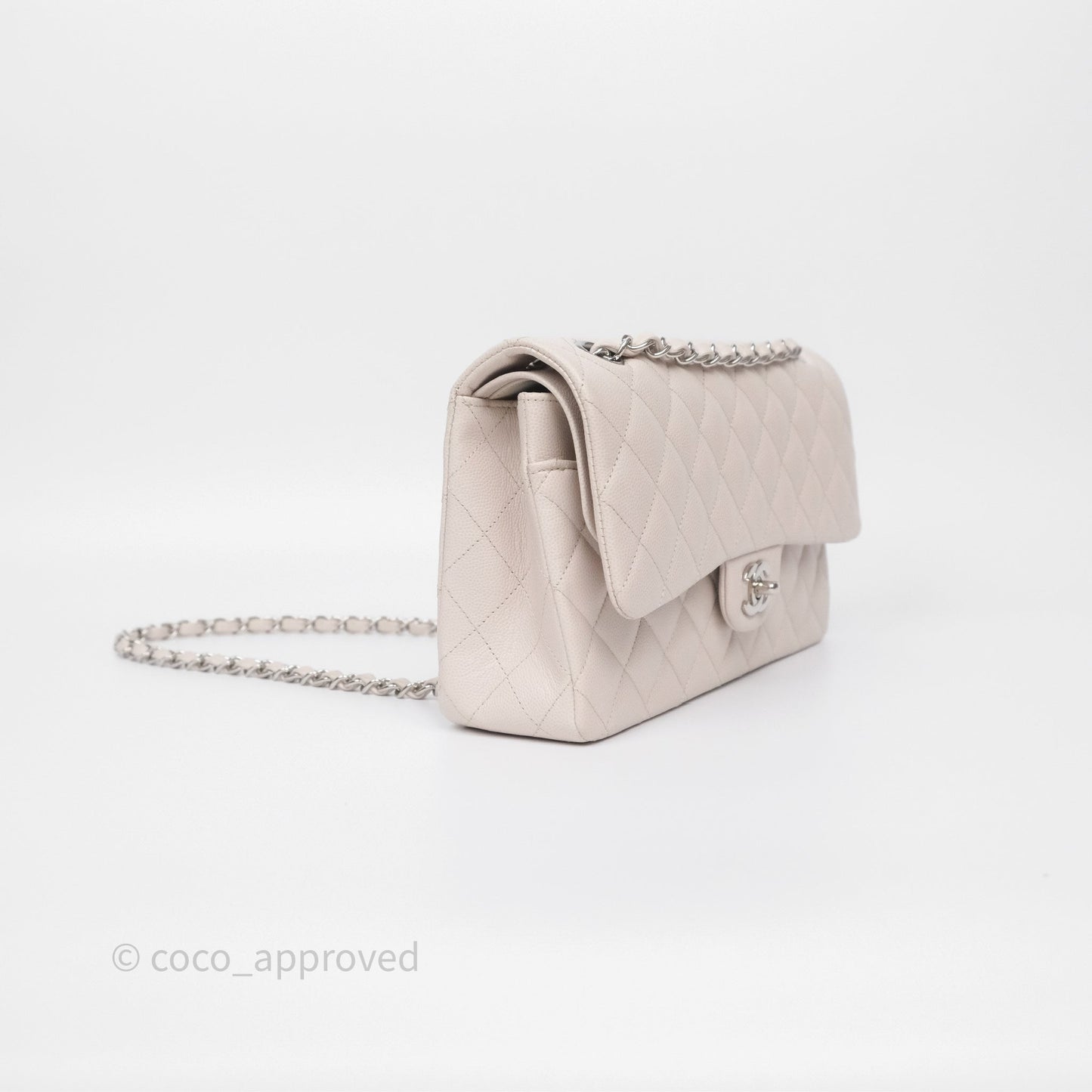 Chanel Classic M/L Medium Flap Quilted Stone Ivory Caviar Silver Hardware