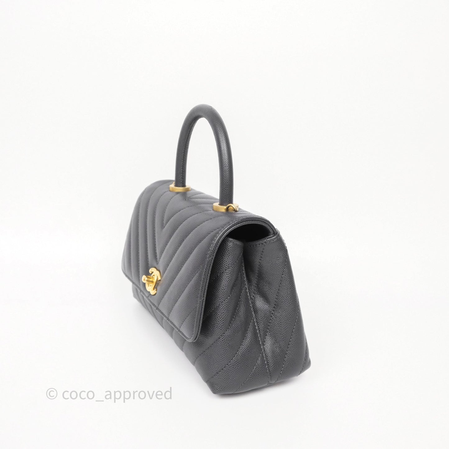 Chanel Small Coco Handle Chevron Dark Grey Caviar Aged Gold Hardware