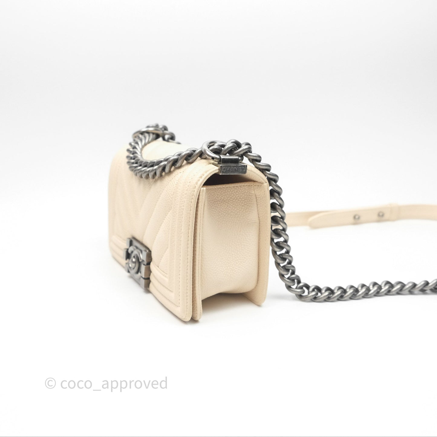 Chanel Small Boy Chevron Beige Caviar Ruthenium Hardware