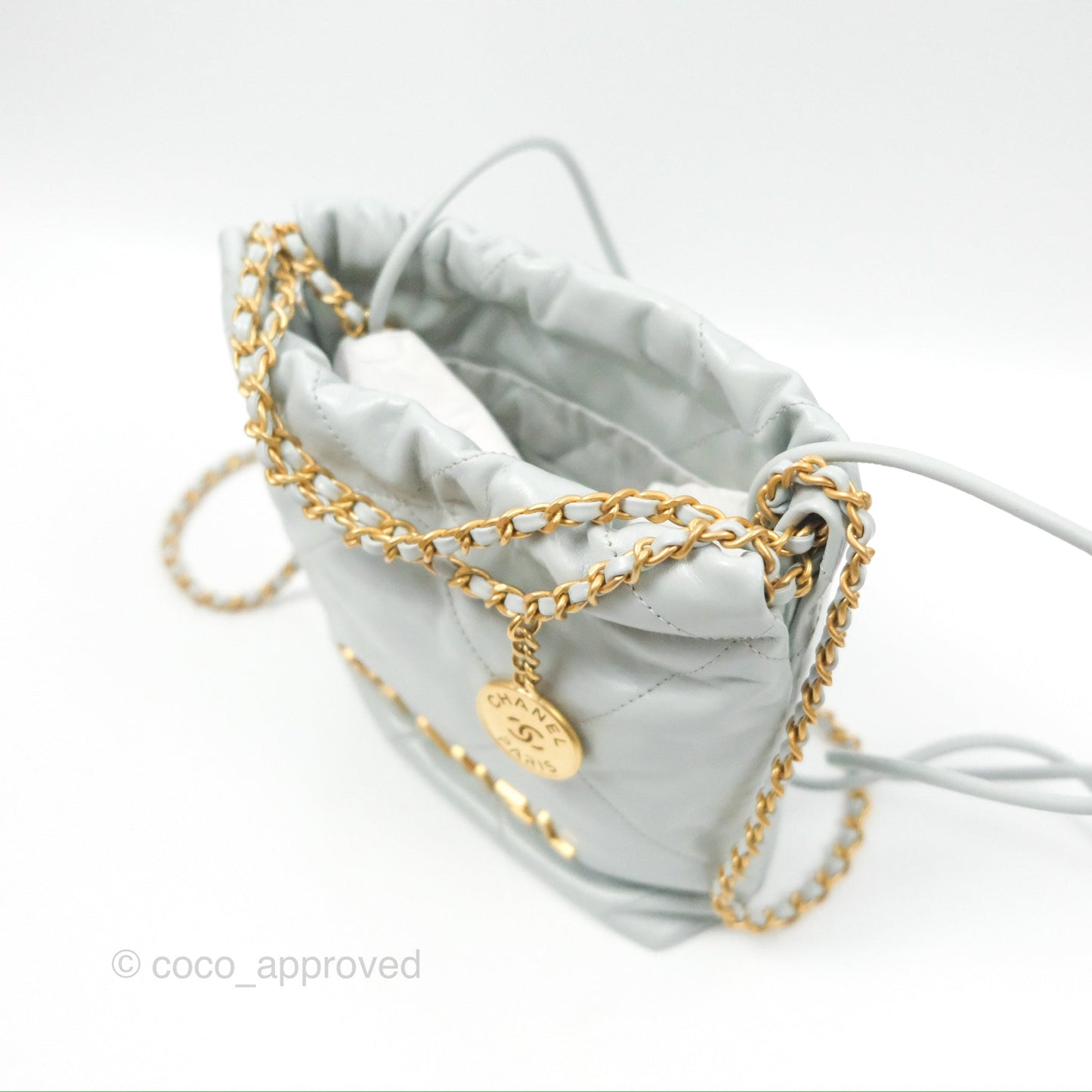Chanel 22 Mini Bag Light Blue Grey Shiny Calfskin
