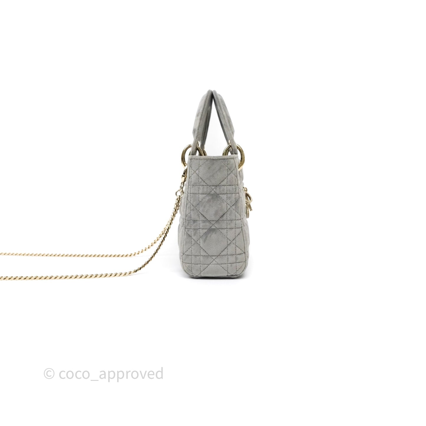 Dior Mini Lady Dior Grey Velvet Cannage Crystal Charms Gold Hardware