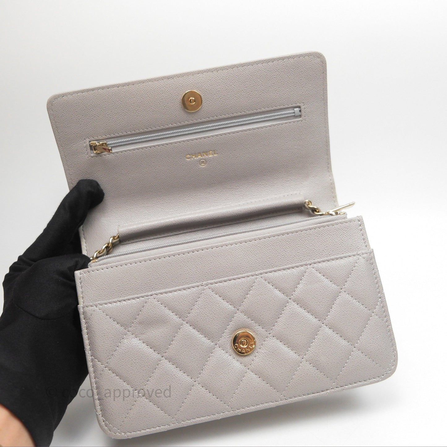Chanel Classic Quilted Wallet on Chain WOC Grey Caviar Gold Hardware