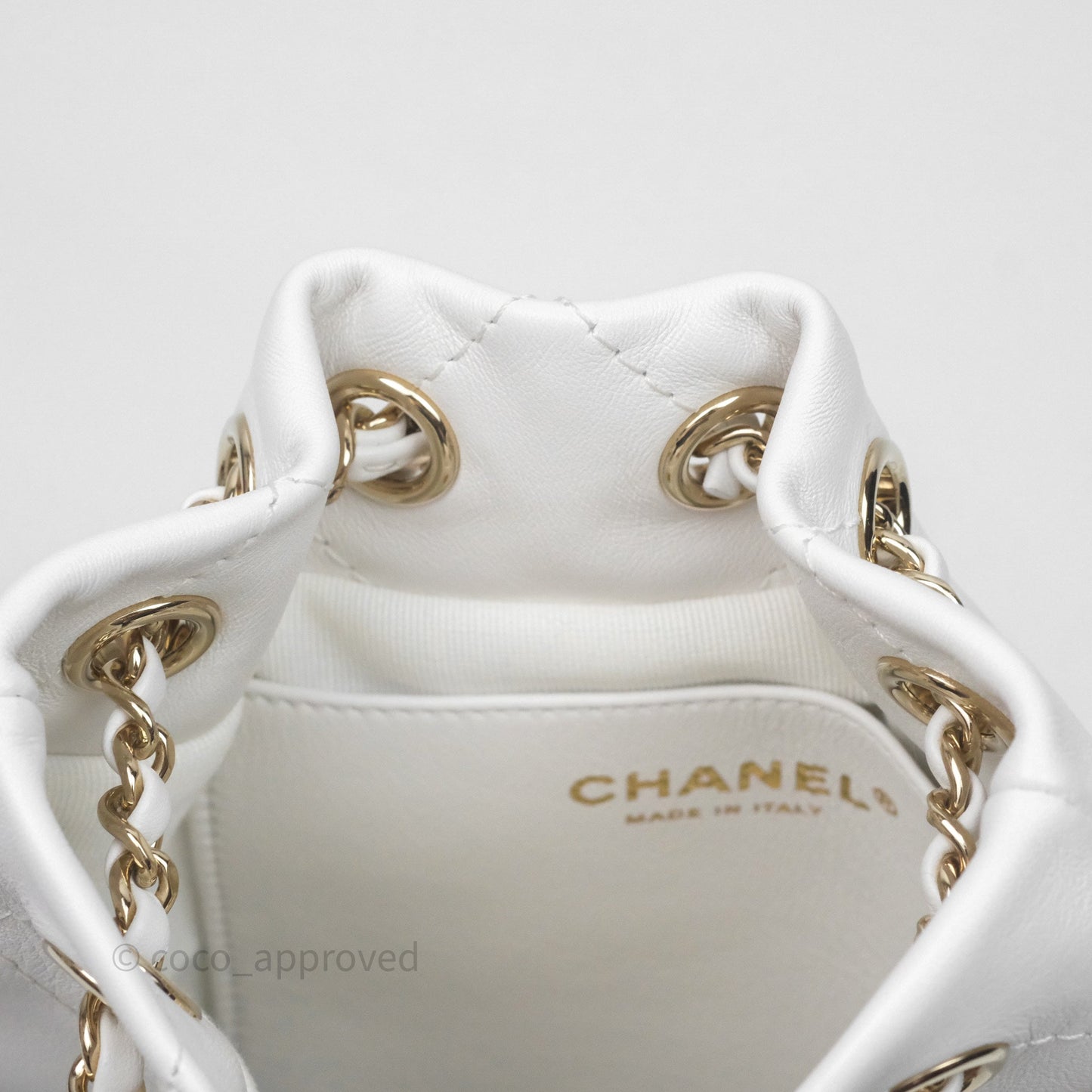 Chanel Quilted Drawstring Bucket Backpack White Calfskin Gold Hardware 24C