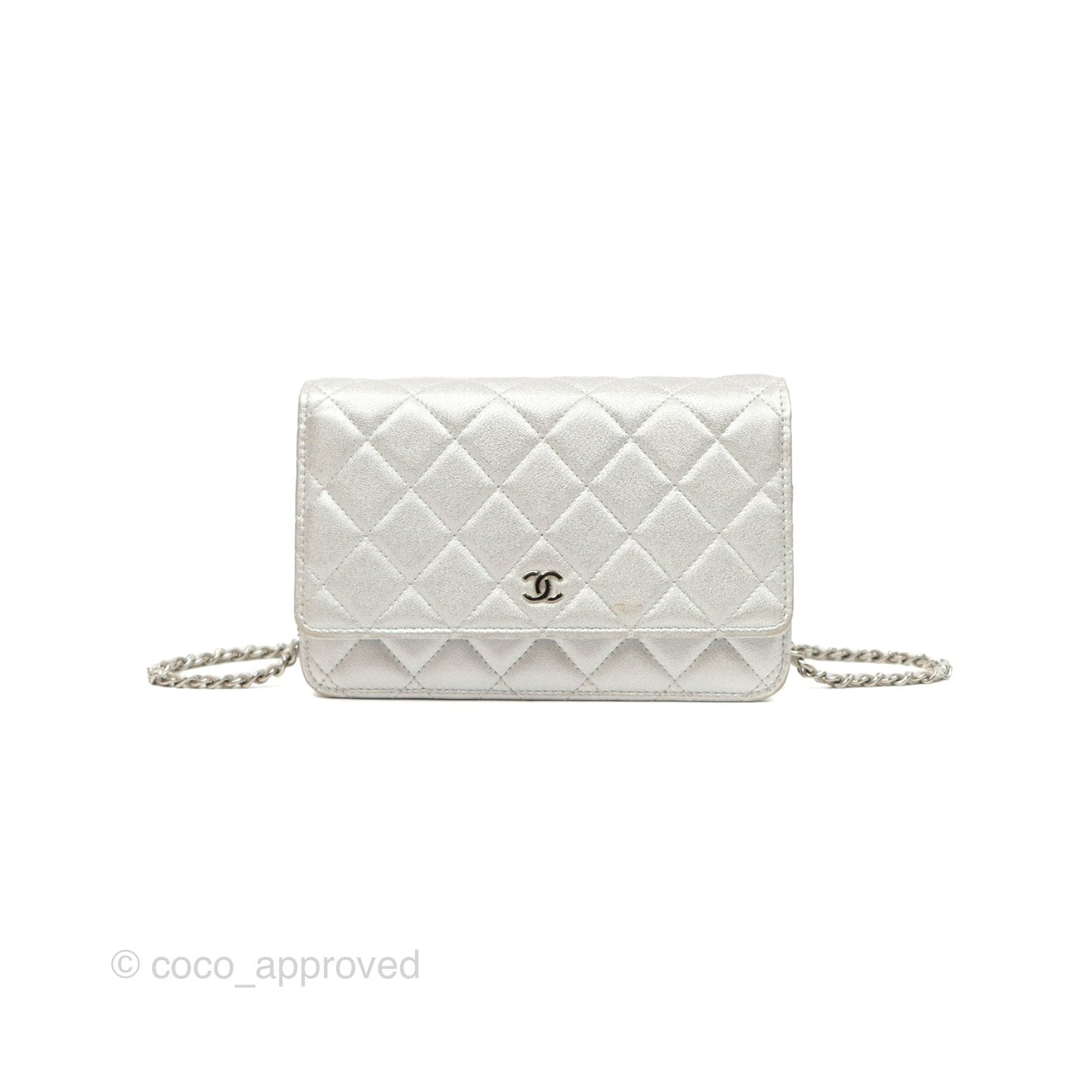 Chanel Quilted Wallet on Chain WOC Iridescent Silver Grained Lambskin Silver Hardware