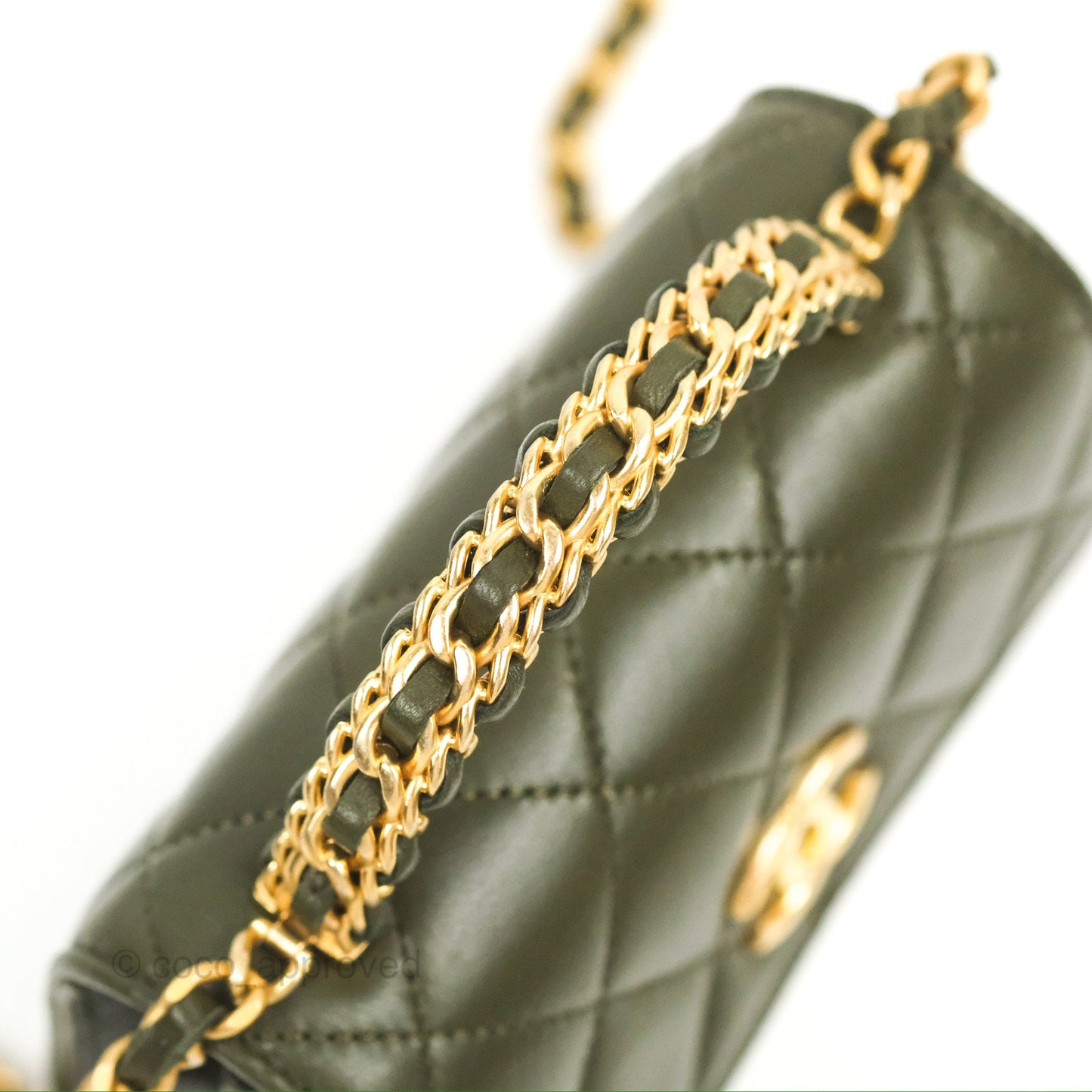 Chanel Top Handle Clutch With Chain Army Green Lambskin Aged Gold Hardware