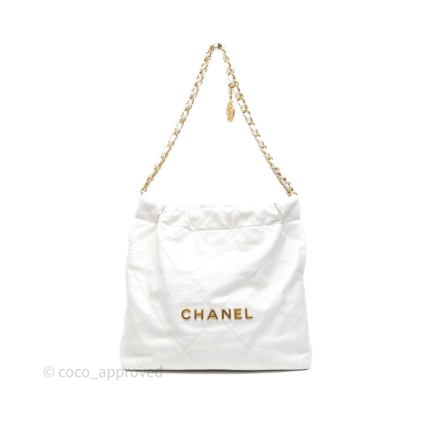 Chanel 22 Small White Shiny Calfskin Aged Gold Hardware