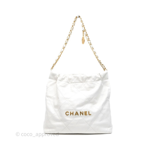 Chanel 22 Small White Shiny Calfskin Aged Gold Hardware