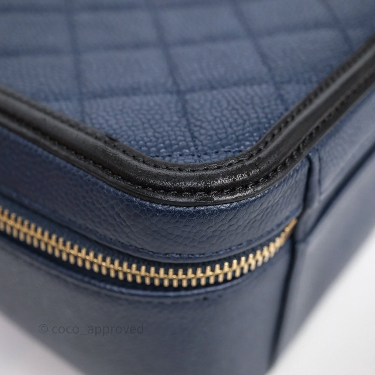 Chanel Quilted Large CC Filigree Vanity Case Navy Black Caviar Aged Gold Hardware