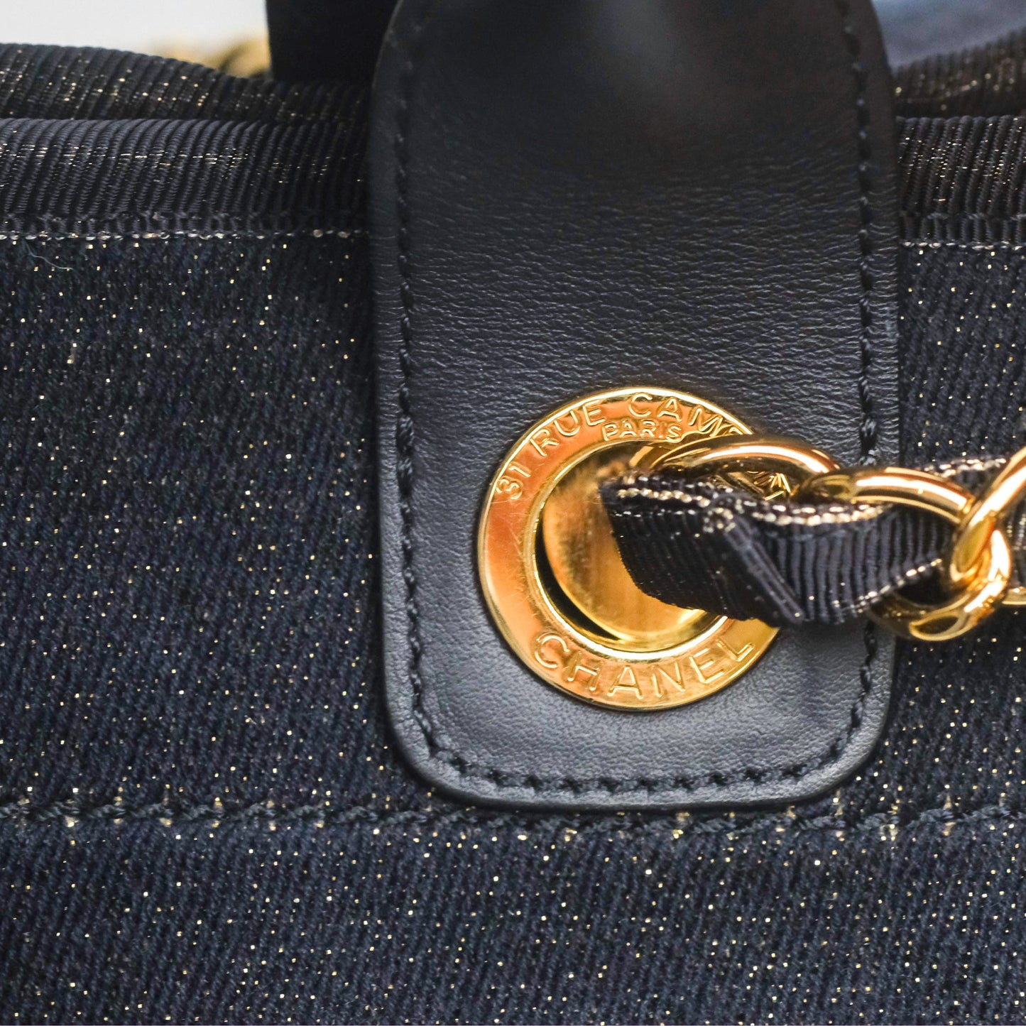 Chanel Large Deauville Navy Glitter Canvas Gold Hardware