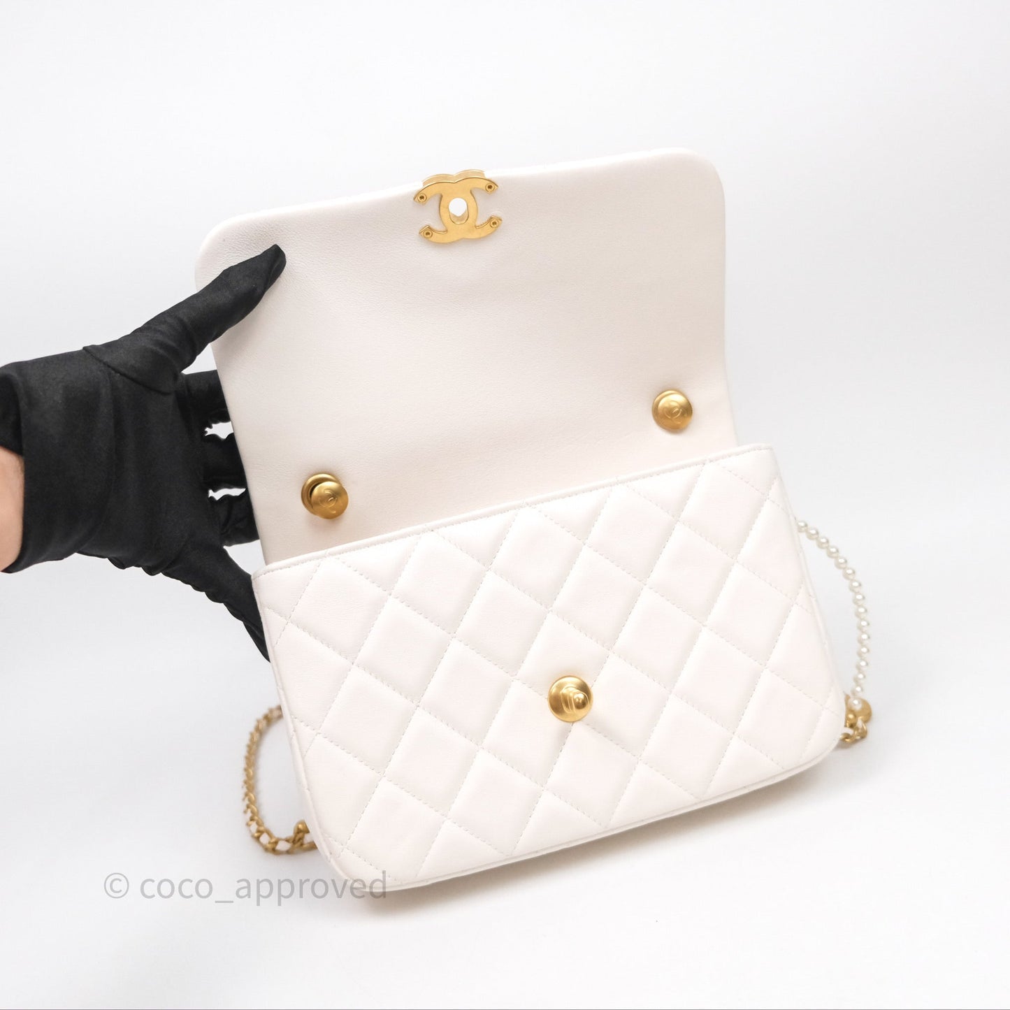 Chanel Flap Bag with Pearl Chain Ivory White Aged Gold Hardware 25P