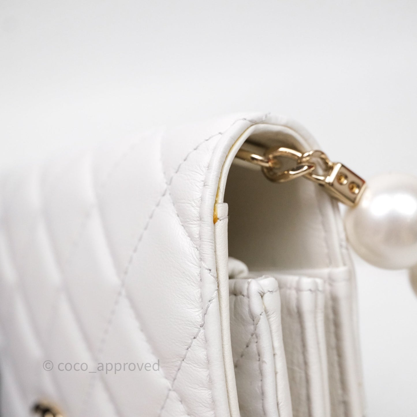 Chanel Mini Wallet On Large Pearl Chain WOC Quilted White Lambskin Gold Hardware
